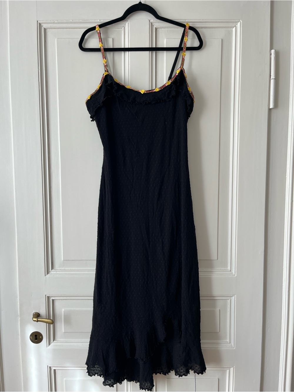 Betsey Johnson Swiss Dot Lace Black Midi Dress with Embroidered Flower Trim